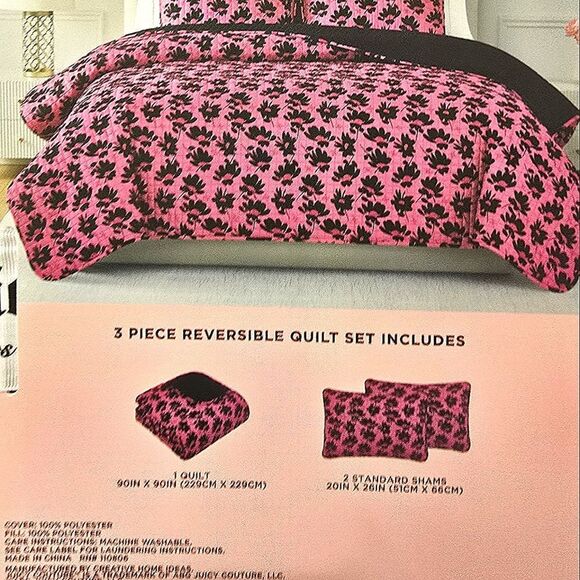 Juicy Couture Home JC Logo Floral 3-PC Reversible Quilt Set- Full/Queen - Picture 4 of 7